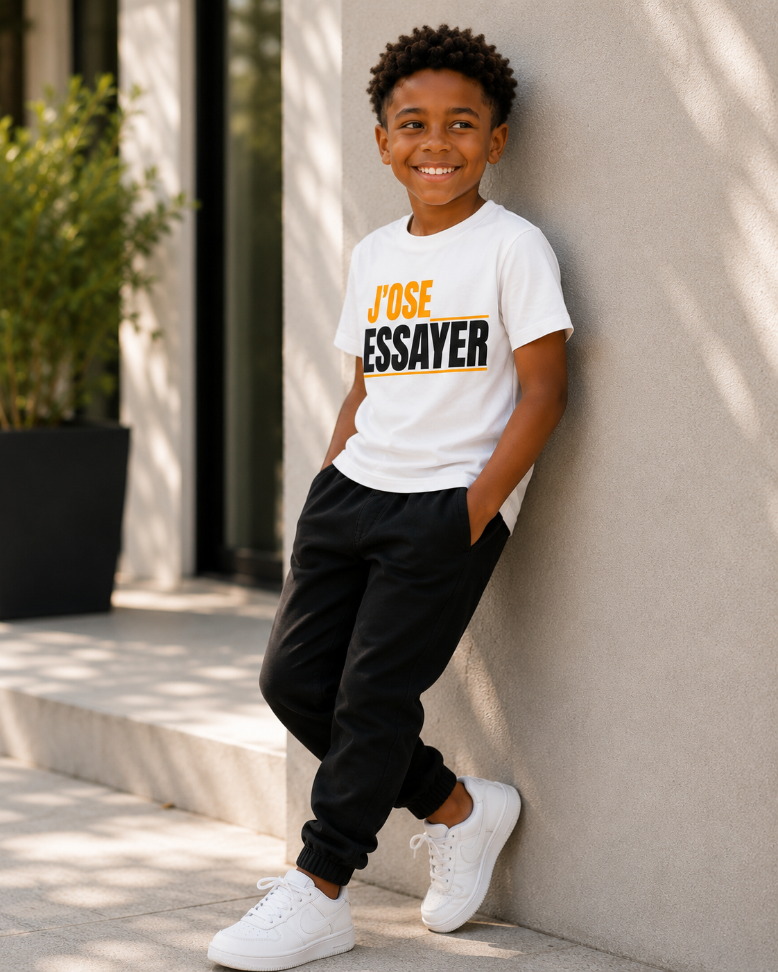 Gros plan du t-shirt enfant « J'ose essayer » – message positif