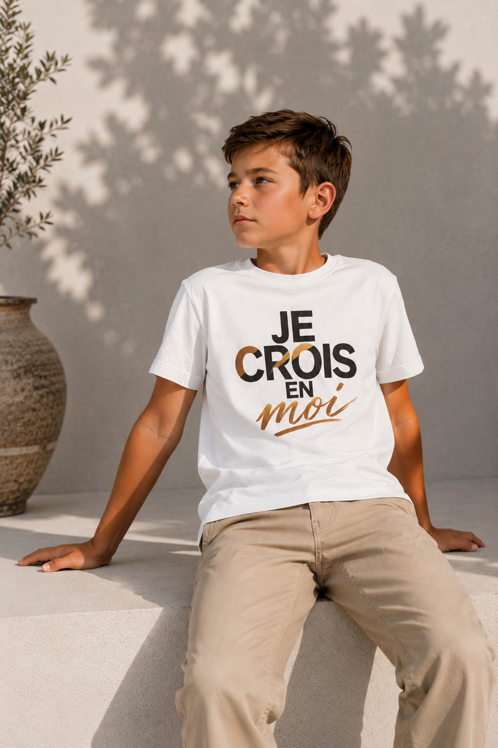 Garçon portant un t-shirt « Je crois en moi » – vêtement inspirant pour enfant.