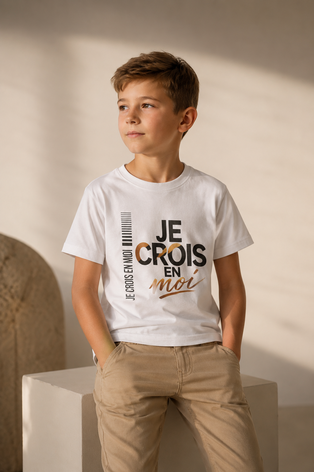 Enfant souriant avec un t-shirt « Je crois en moi » – confiance en soi.