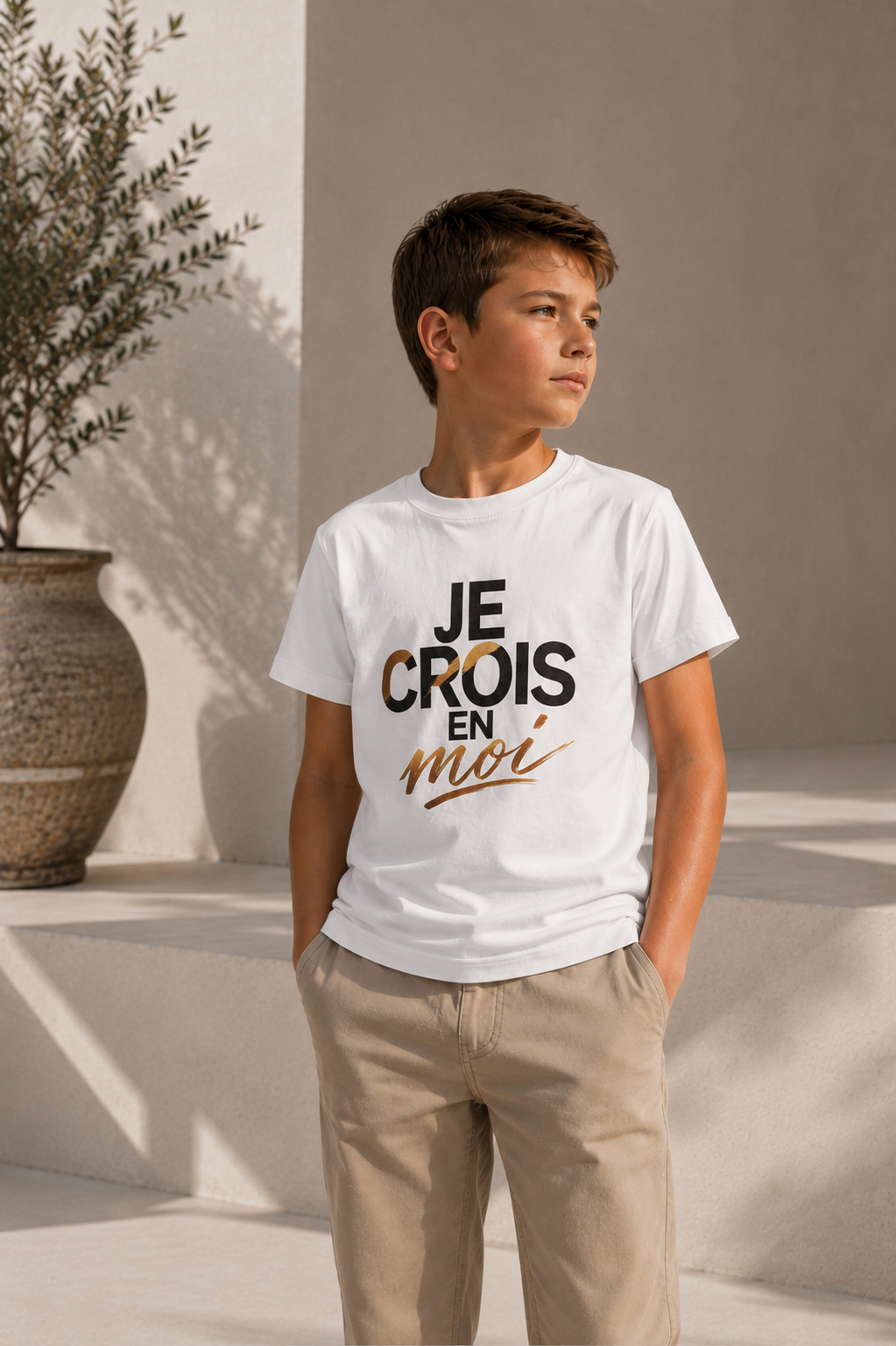 Gros plan du t-shirt « Je crois en moi » – message positif pour enfant.
