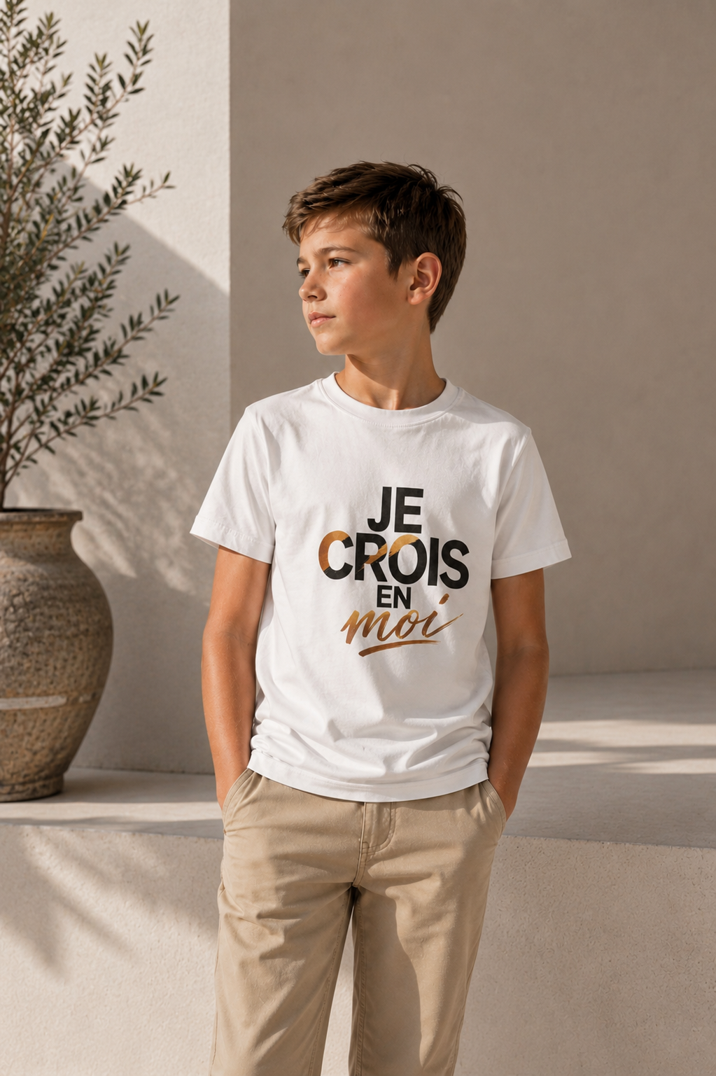 Enfant portant un t-shirt blanc « Je crois en moi » – t-shirt enfant confiance en soi Élevé pour Briller