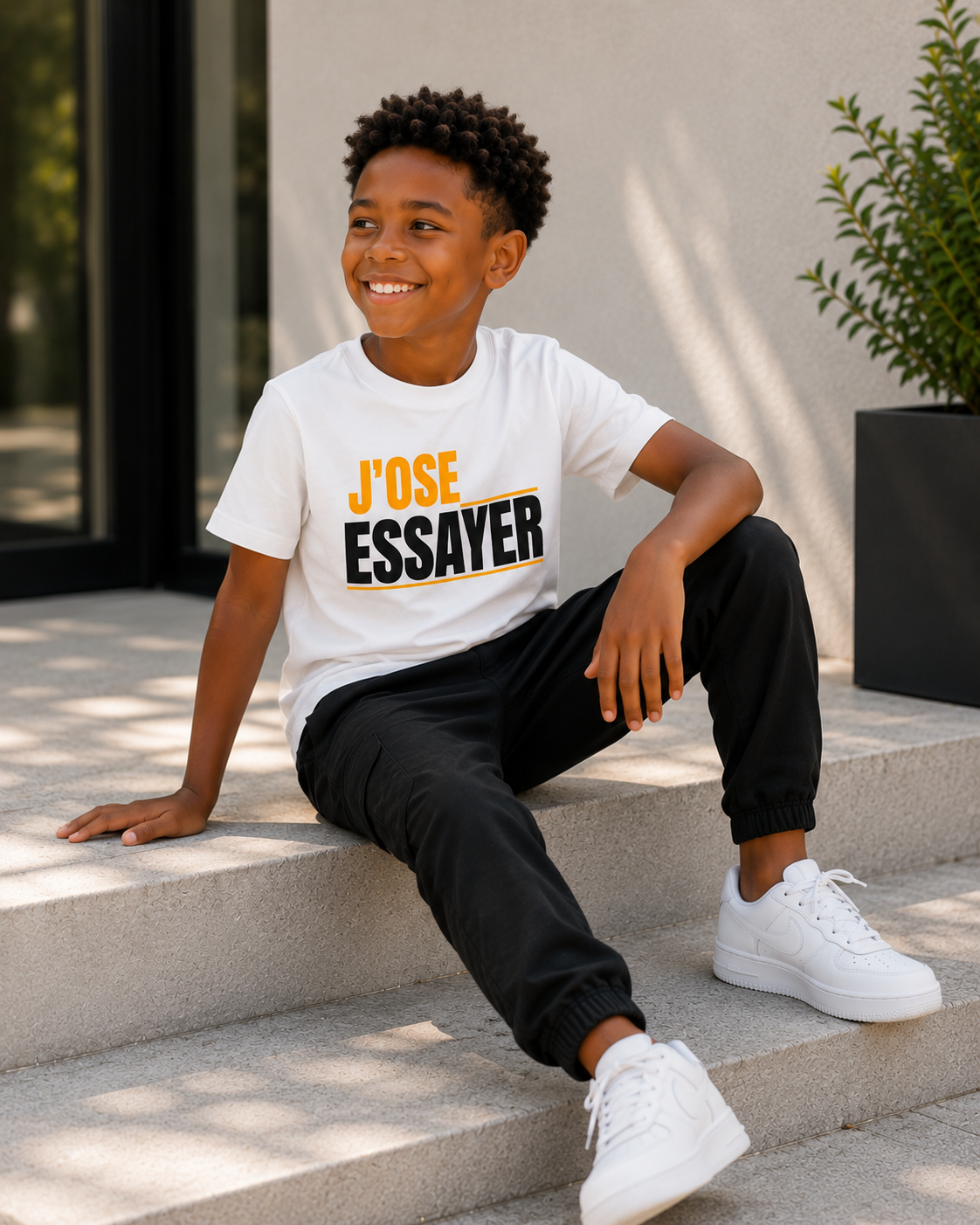 Garçon souriant portant le t-shirt « J'ose essayer » – confiance en soi enfant