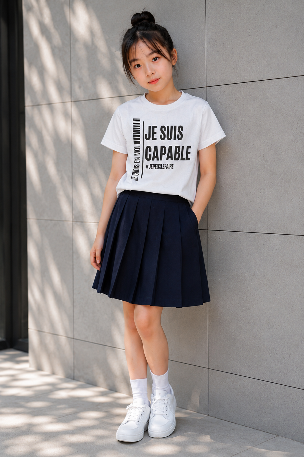 Fille portant un t-shirt enfant « Je suis capable » pour développer la confiance en soi