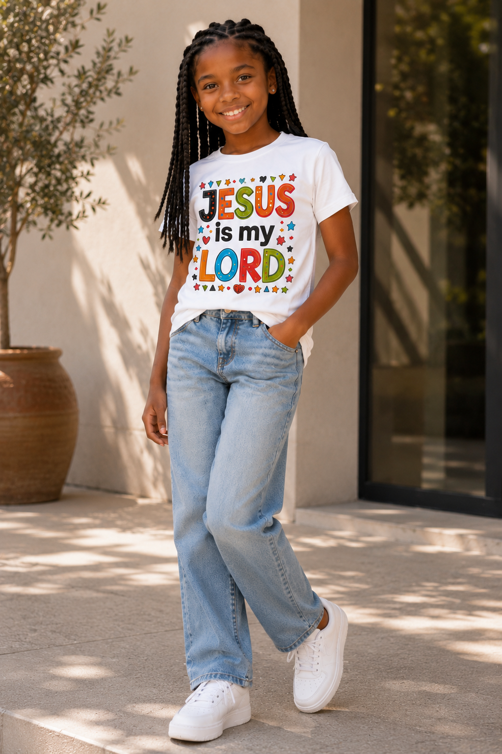 Fille portant un t-shirt « Jesus Is My Lord » – vêtement chrétien pour enfant