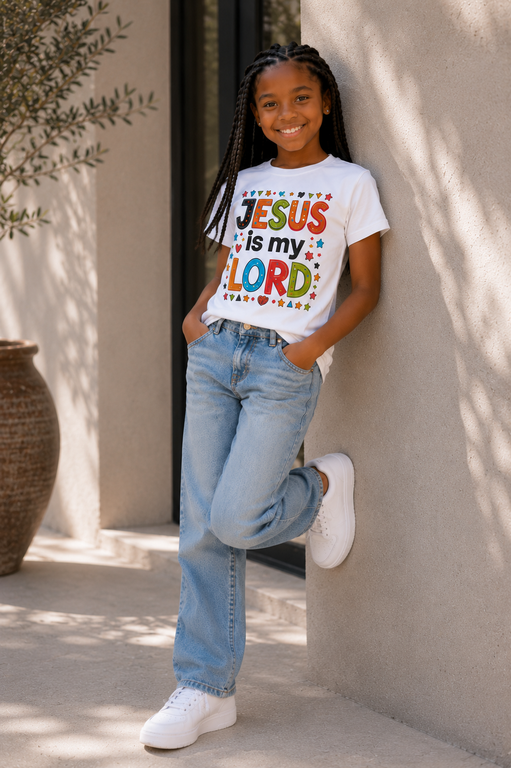 Enfant souriant avec un t-shirt « Jesus Is My Lord » – foi chrétienne